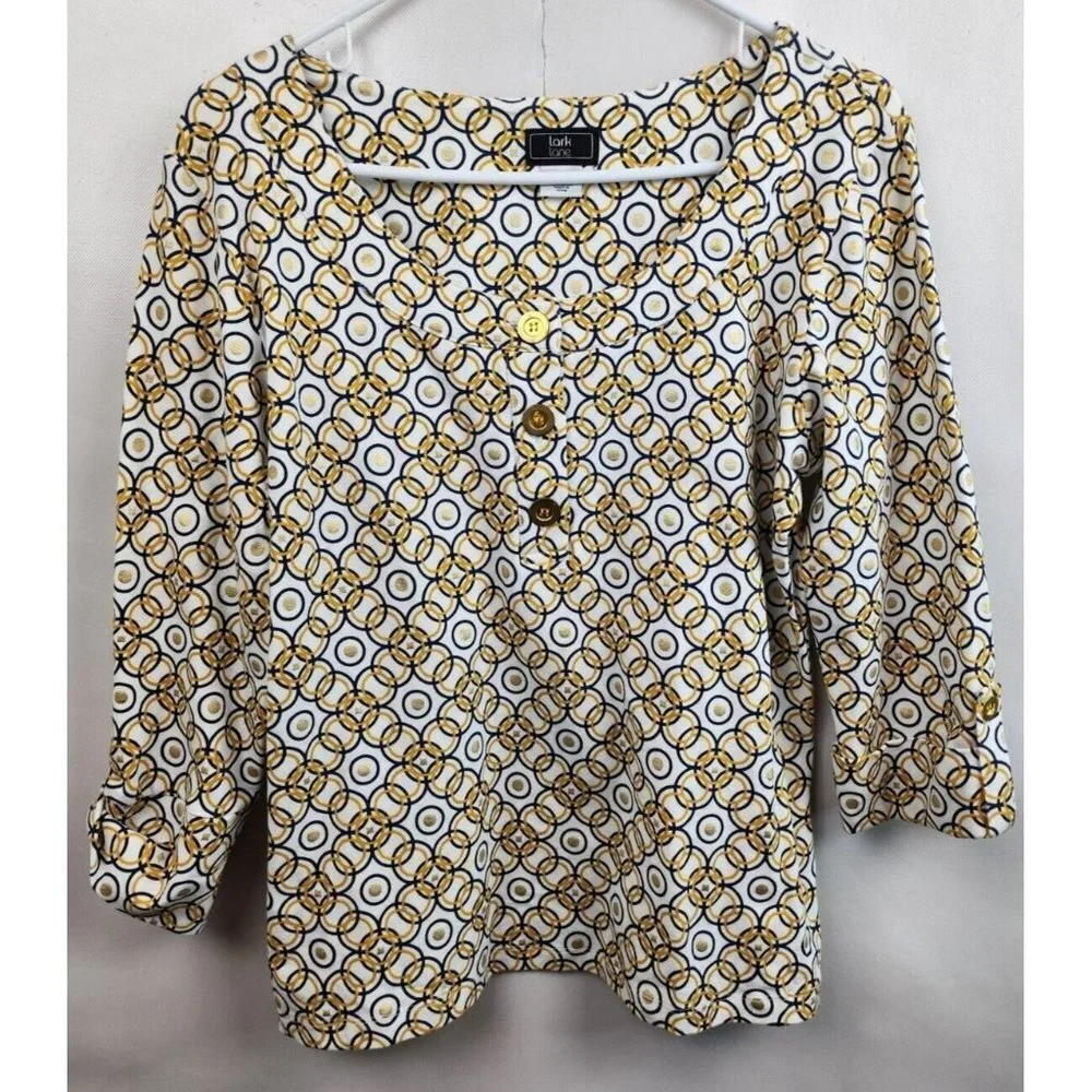 Lark Lane Yellow Blue Circle Print Qortek Button Tab Sleeve Blouse‎ Medium